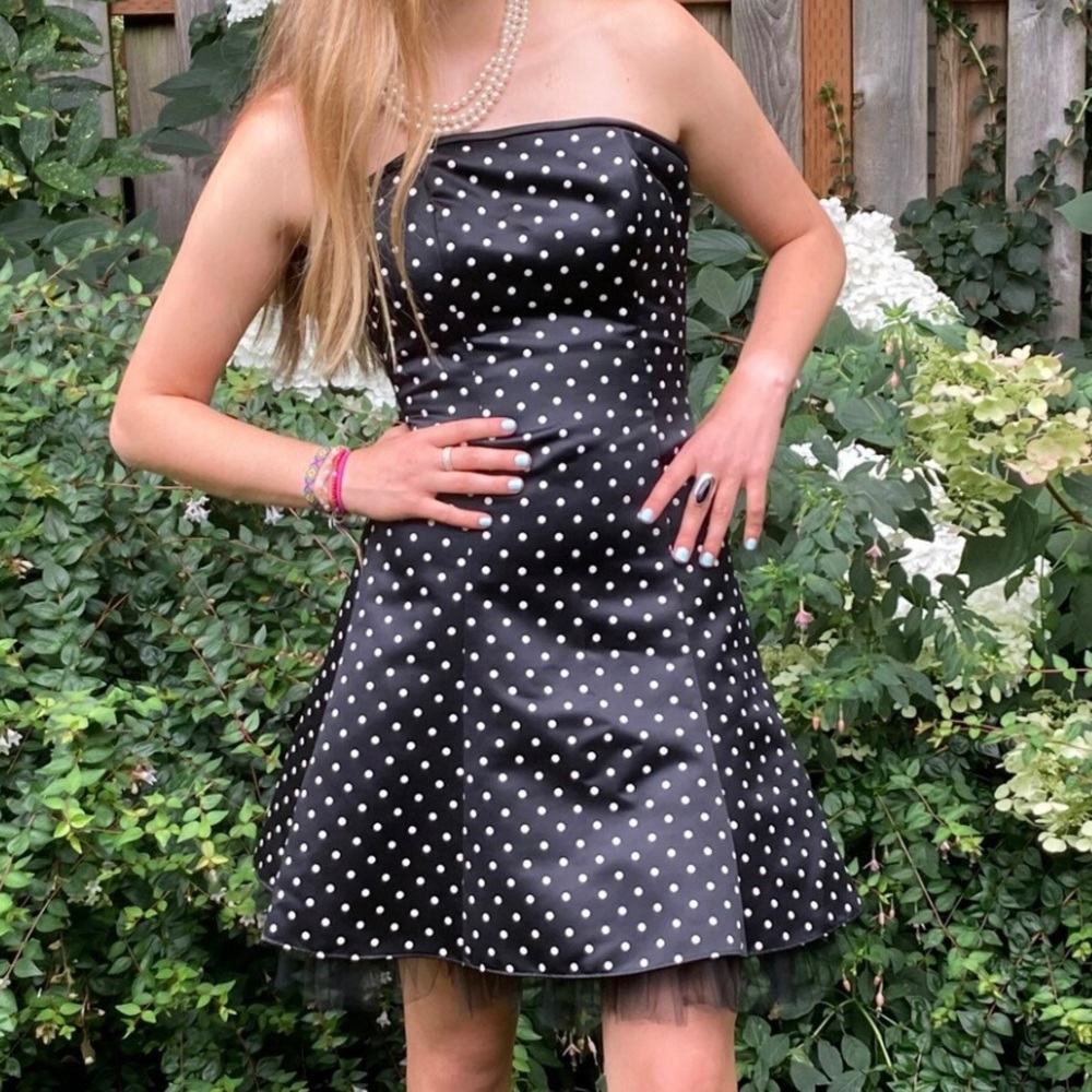 🫶 Jessica McClintock Gunne Sax Vintage Black & White‎ Polka Dot Dress Size 3/4